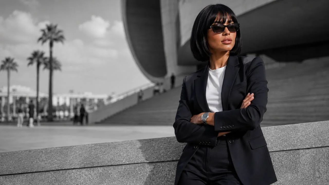 Urban portrait with black coat and monochrome background of modern architecture — Girly AI image prompt